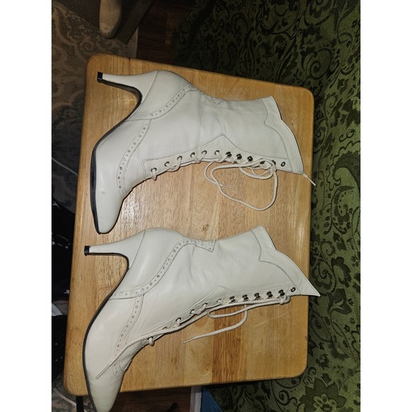 Vintage Style Victorian Lace Up Cream Leather Boots Stevie Nicks Retro Steampunk - Picture 4 of 13
